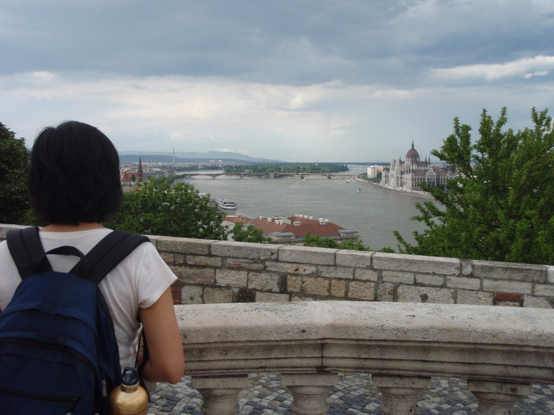 looking over river from bridge inaccross river in budapest, hungary